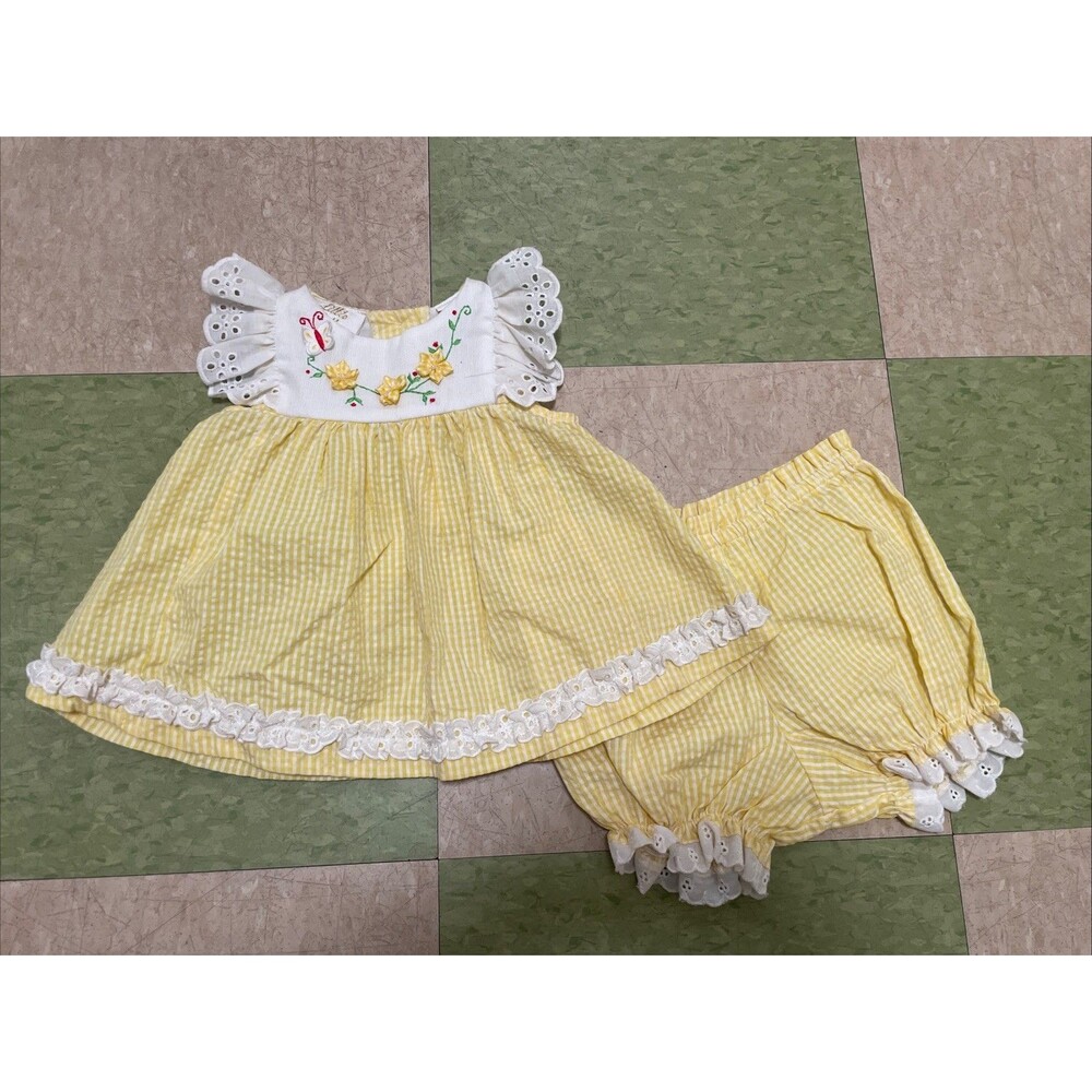 Little Bitty 3-6 Months Vintage Yellow Butterfly Dress and Bloomers Eyelet Lace